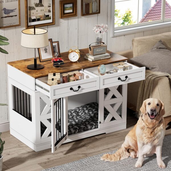 Large Dog Crate Furniture - Dog Kennel with Drawers Storage and Locks, 2-in-1 Crates for Dogs Indoor, Heavy Duty Dog Crate for One Large or 2 Small Dogs - Image 2