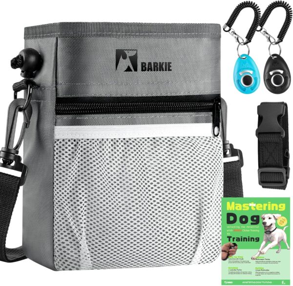 BARKIE Dog Treat Pouch and 2 Dog Training Clickers with Dog Positive Reinforcement Training Booklet (Grey)