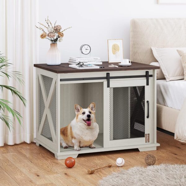 GAOMON 37'' Sliding Barn Door Dog Crate Furniture with Flip Top and Movable Divider, Wooden Dog Crate Table, Dog Kennel Side End Table, Furniture Style Large Dog House, White - Image 4