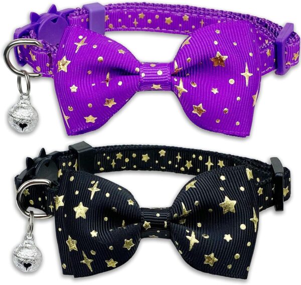 2 Pack Cat Collar with Bow Tie and Bell, Kitty Kitten Starshine Collar Breakaway Collar for Males Females Boys and Girls Cats (Black+purple)