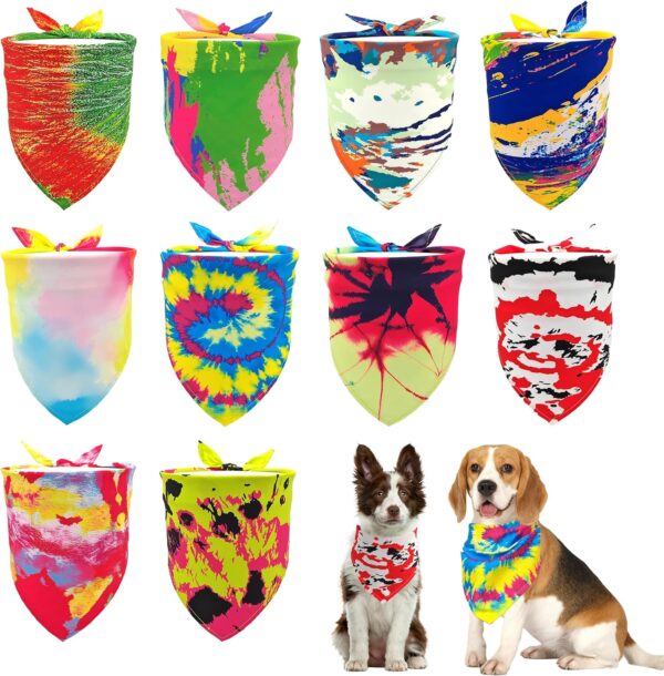 10PCS Dog Bandanas Tie Dye for Medium Breed Dog Bandanas Pack Kerchief Washable Triangle Bibs Head Scarves Scarfs for Boys and Girls Grooming Accessories Costume