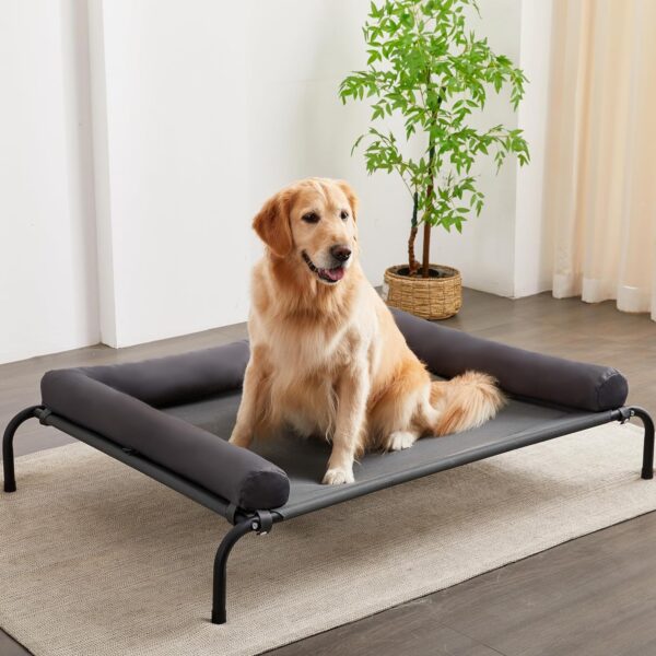 Cooling Elevated Dog Bed with Pillows,Portable Washable Raised Dog Cot Bed with Chew Proof Mesh and Metal Frame,No-Slip Rubber Feet for Indoor & Outdoor Use,XLarge,Deep Grey