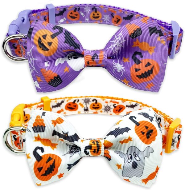 Halloween Dog Collar with Bow Tie, Holiday Pumpkin Jack-O-Lantern Collar for Small Medium Large Dogs Pets Puppies