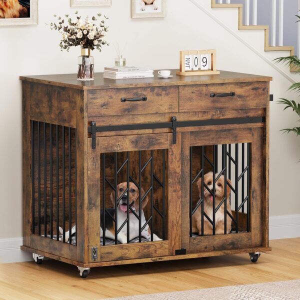 YITAHOME Dog Kennel Furniture for 2 Dogs, 39 inch Double Dog Crate with Storage Drawers, Indoor Wooden Dog House Heavy Duty for 2 Small Medium Dogs, Brown - Image 2