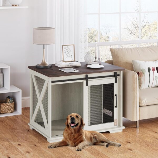 GAOMON 37'' Sliding Barn Door Dog Crate Furniture with Flip Top and Movable Divider, Wooden Dog Crate Table, Dog Kennel Side End Table, Furniture Style Large Dog House, White