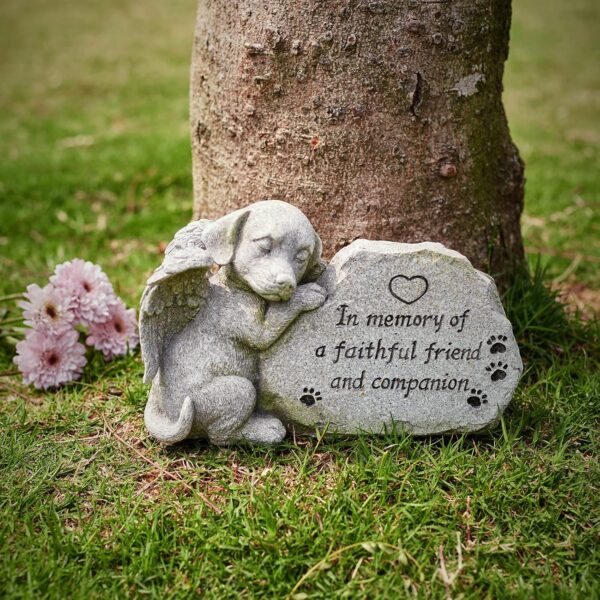 Dog Memorial Stone Statue, Sleeping Dog Angel Figurine Forever in Our Hearts, Dog Grave Markers Outdoor for Deceased Pet, Loss of Dog Memorial Sympathy Gifts Antique Stone Finish 8.86 inch - Image 2