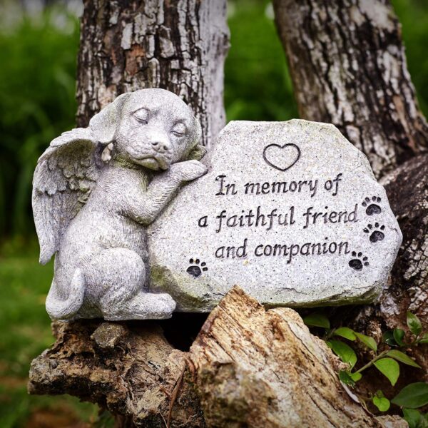 Dog Memorial Stone Statue, Sleeping Dog Angel Figurine Forever in Our Hearts, Dog Grave Markers Outdoor for Deceased Pet, Loss of Dog Memorial Sympathy Gifts Antique Stone Finish 8.86 inch