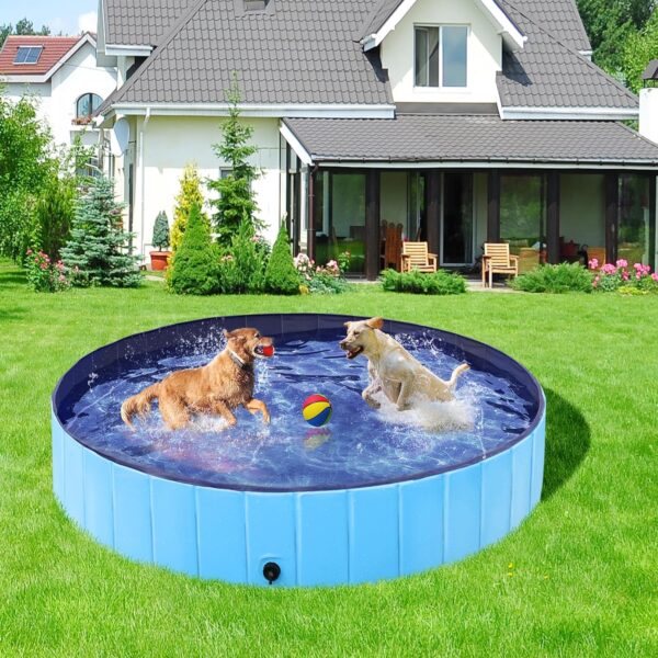 Yaheetech Foldable Dog Pool 63 x 12 Inches Collapsible Hard Plastic Pet Swimming Pool Portable Dog Bath Tub Puppy Cat Shower Pet Wading Pool for Outdoor/Indoor w/Pet Repair Patches, Blue - Image 2