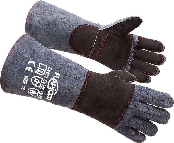 RAPICCA Animal Handling Gloves Bite Proof Double Leather Reinforced Padding Dog,Cat Scratch,Bird Handling Falconry Gloves Grabbing Reptile Squirrel Snake Bite 16in Grey-Black