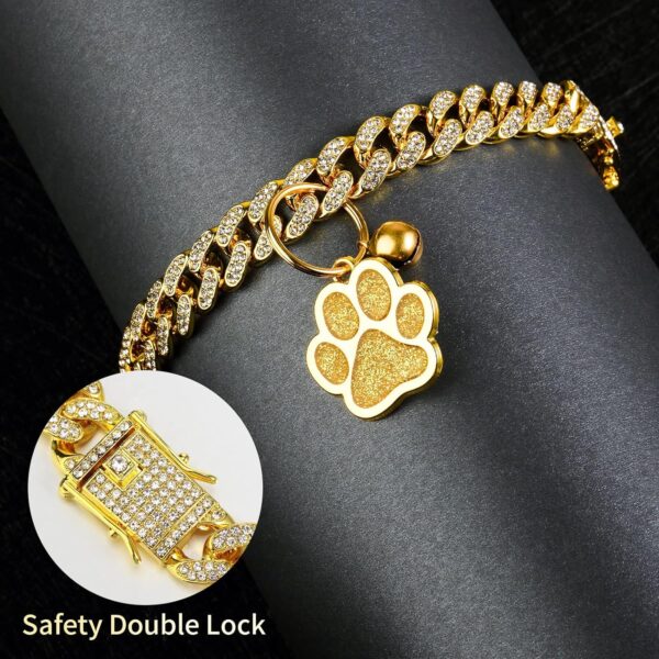 Hillban Cat Collar Diamond Chain Glitter Collar Walking Metal with Secure Buckle Cat Pet Necklace with Paw Charm Link Jewelry Accessories with ID Tag Bell for Small Cat (Gold, 10 Inch) - Image 3