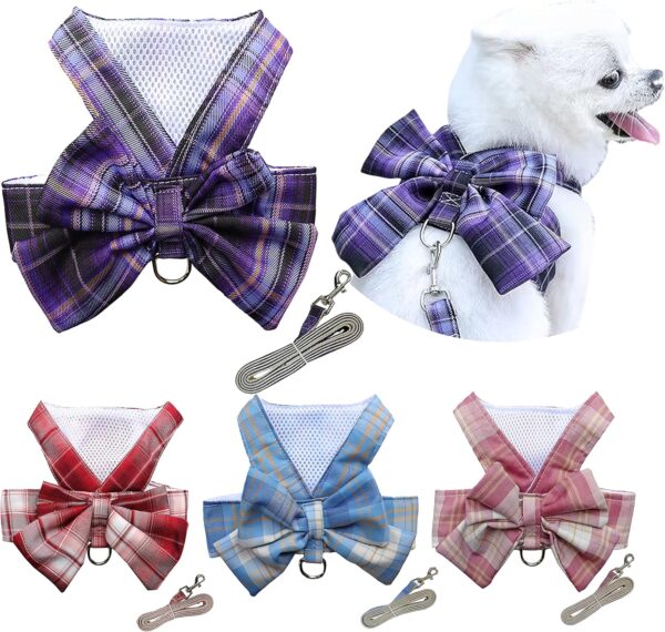 Plaid Dog Dress Bow Tie Harness Leash Set,Dog Clothes Harness Dress with Leash Ring for Small Dogs Girl, Puppy Princess Rabbit Clothes Chihuahua Yorkies Pet Outfits (Purple, Small)