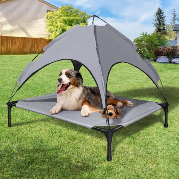 Elevated Dog Bed with Canopy - Oxford Fabric Pet Bed with Iron Frame, Portable & Easy Assemble, Sunshade, 42x30x35 Inch, Grey - Image 9