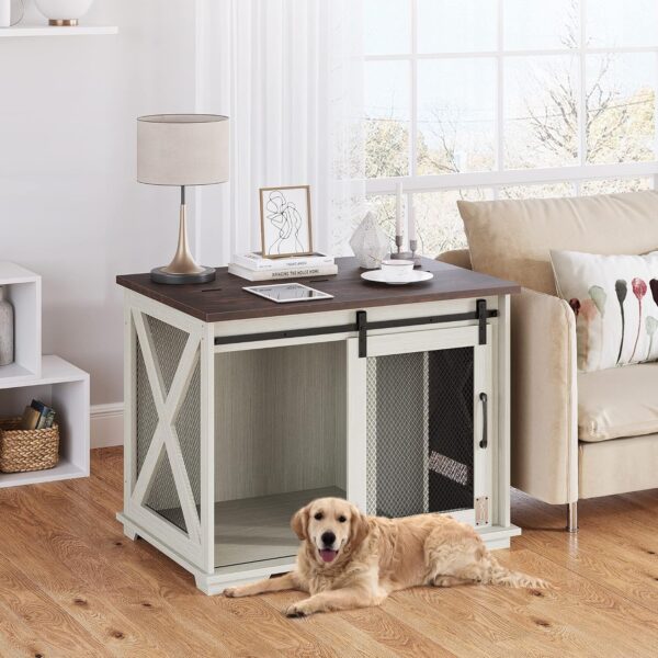 GAOMON 37'' Sliding Barn Door Dog Crate Furniture with Flip Top and Movable Divider, Wooden Dog Crate Table, Dog Kennel Side End Table, Furniture Style Large Dog House, White - Image 8