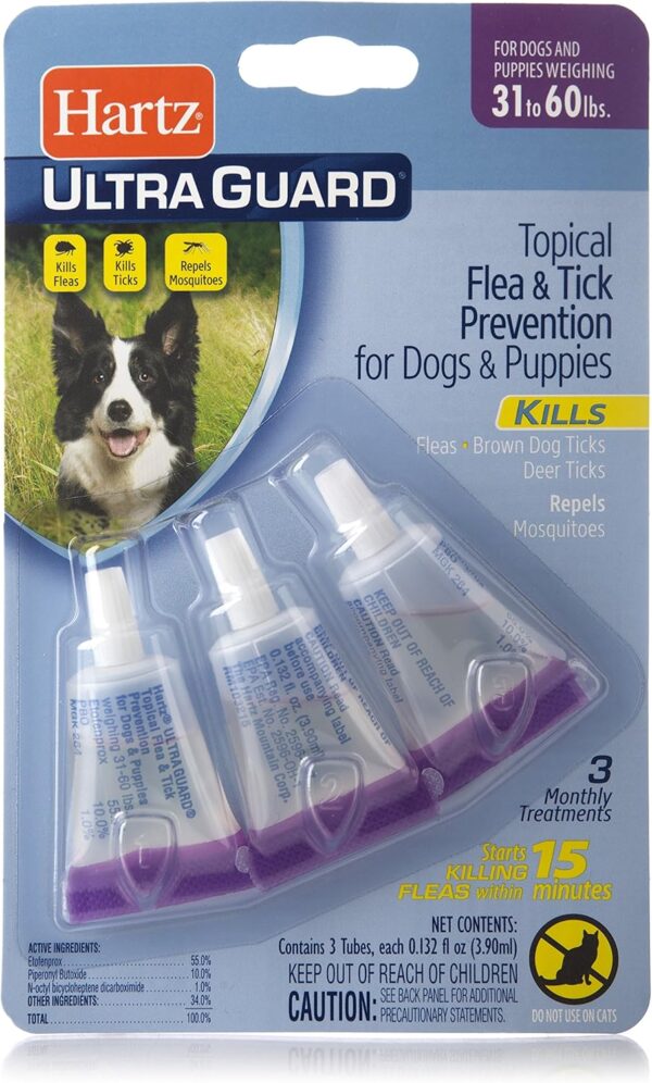 Hartz UltraGuard Flea & Tick Drops for Dogs & Puppies 31-60lbs - 3 Monthly Treatment