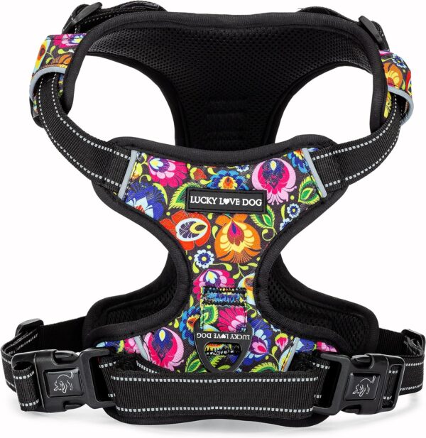 Lucky Love Dog No Pull Dog Harness, Adjustable and Easy to Walk, Cute Floral Pattern Dog Harness for Small Medium Large Dogs - (Medium, Blackbird Harness)