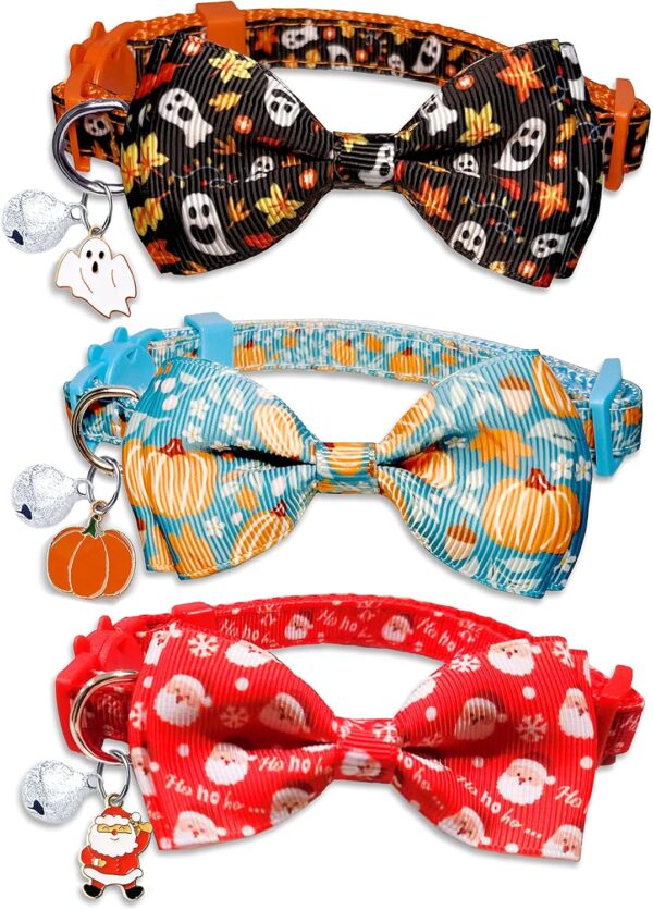 3 Pack Holiday Cat Collar with Bow and Bell, Halloween Thanksgiving Christmas Cat Collar for Boys and Girls Kitties Kittens