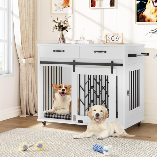 YITAHOME Dog Kennel Furniture for 2 Dogs, 39 inch Double Dog Crate with Storage Drawers, Indoor Wooden Dog House Heavy Duty for 2 Small Medium Dogs, White - Image 2