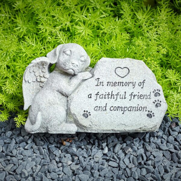 Dog Memorial Stone Statue, Sleeping Dog Angel Figurine Forever in Our Hearts, Dog Grave Markers Outdoor for Deceased Pet, Loss of Dog Memorial Sympathy Gifts Antique Stone Finish 8.86 inch - Image 5