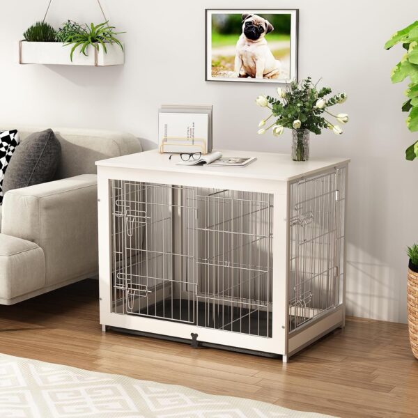 Piskyet Wooden Dog Crate Furniture with Divider Panel, Dog Crate End Table with Fixable Slide Tray, Double Doors Dog Kennel Indoor for Dogs(M:31.8" L*22.1" W*26.3" H,White) - Image 2