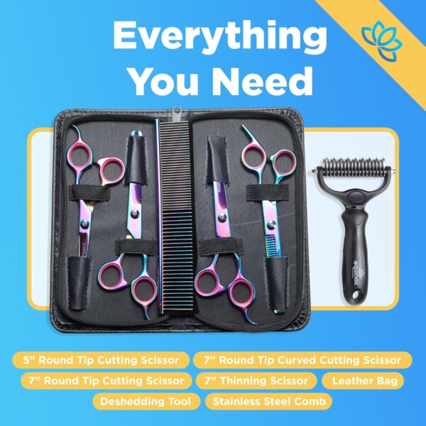 Equinox Dog Grooming Scissors & Deshedder - 7 in 1 Pet Grooming Scissors Set with undercoat brush - Curved Dog Scissors with safety tips - Includes Thinning & Rounded Shears - For dogs & cats - Image 6