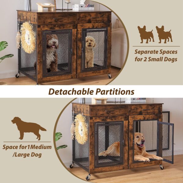 43" Large Dog Crate Furniture, Wood Dog Kennel End Table with Drawers, Decorative Pet Crate with Removable Partitions & Wheels, Dog House Indoor for Large/Medium/Small Dogs - Image 2