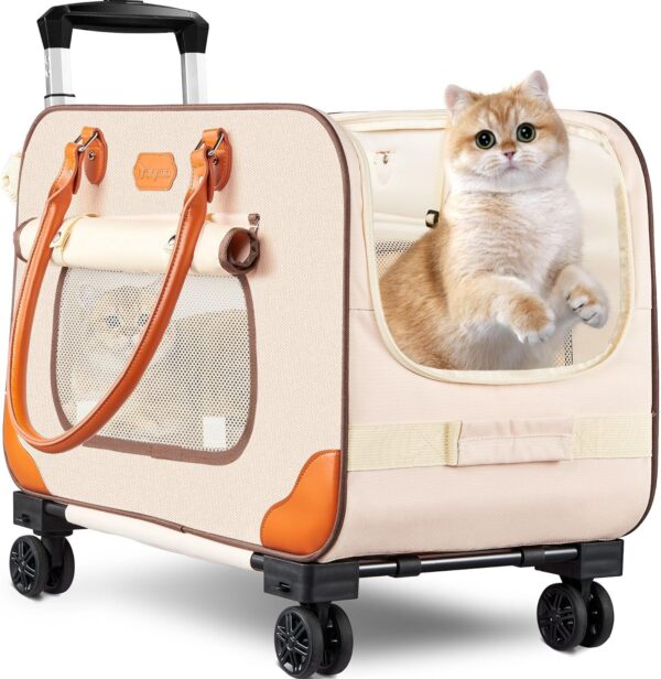 Large Cat Carrier with Wheels, Foldable Rolling Cat Carrier, Pet Carrier with Wheels for Small Dogs and All-Breed Cats Up to 38 Lbs, Pet Cat Travel Carrier for Camping, Out Going, Veterinary Visits