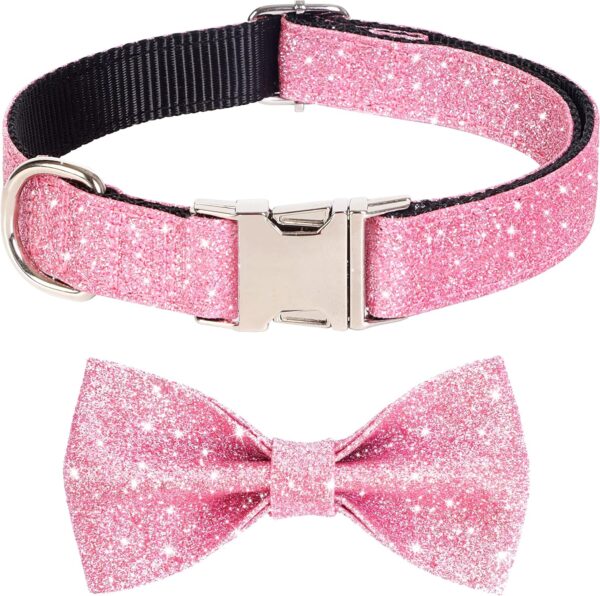 Bling Dog Bow Tie Collar for Puppy Small Dogs and Cats, Cute Pink Girl Dog Collar with Bow for Daily Walking or Holiday Party (Neck fit 9-12’’)