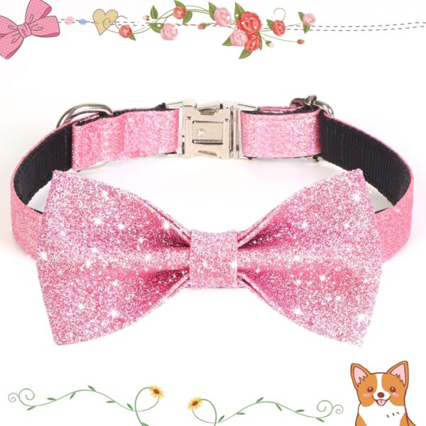 Bling Dog Bow Tie Collar for Puppy Small Dogs and Cats, Cute Pink Girl Dog Collar with Bow for Daily Walking or Holiday Party (Neck fit 9-12’’) - Image 5