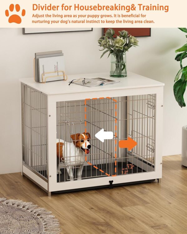 Piskyet Wooden Dog Crate Furniture with Divider Panel, Dog Crate End Table with Fixable Slide Tray, Double Doors Dog Kennel Indoor for Dogs(M:31.8" L*22.1" W*26.3" H,White) - Image 4