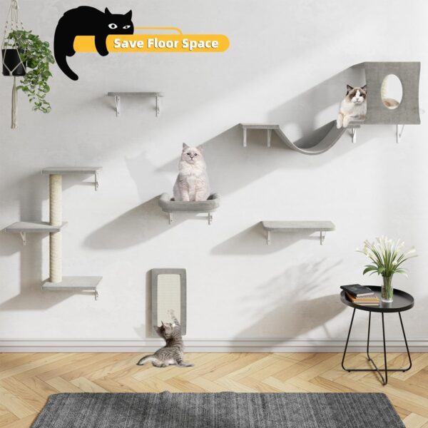 Wall Mounted Cat Furniture, 6pc Cat Wall Furniture, Cat Climber with Cat House, Bridge, Tree, Steps, and Scratcher, DIY Cat Walls Playground, Cat Shelves for Indoor Wall Furniture Set - Grey - Image 2