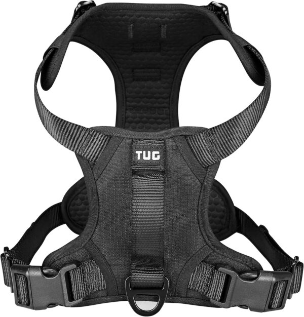 TUG Dog Harness with 2 Leash Connection Points | Adjustable, Padded, Lightweight Harness | Handle on Back | No-Pull Front Clip (Medium, Black)