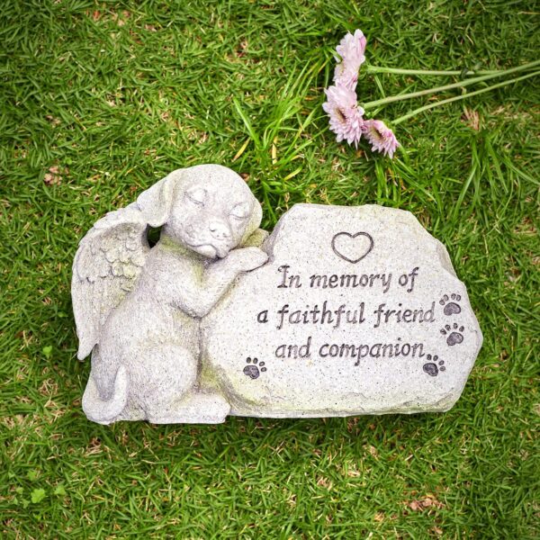 Dog Memorial Stone Statue, Sleeping Dog Angel Figurine Forever in Our Hearts, Dog Grave Markers Outdoor for Deceased Pet, Loss of Dog Memorial Sympathy Gifts Antique Stone Finish 8.86 inch - Image 8