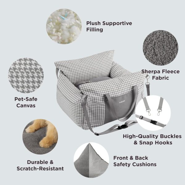 Lesure Small Dog Car Seat for Small Dogs - Waterproof Dog Booster Seat for Car with Storage Pockets and Clip-On Safety Leash and Thickened Memory Foam Filling, Pet Travel Carrier Bed Grey Houndstooth - Image 4