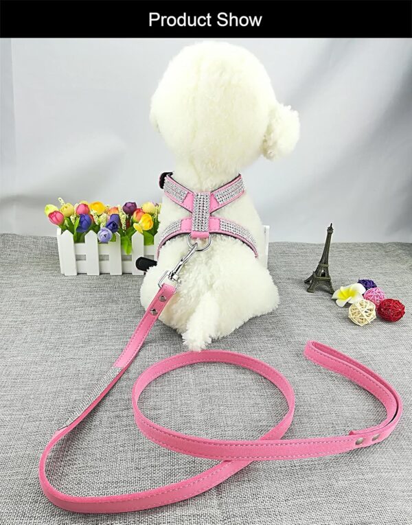 Fashion Puppy Harness with Diamantes and Lead Cute Girl Bling Dog Harness with Bling Leash for Small Dogs - Pink - S - Image 3