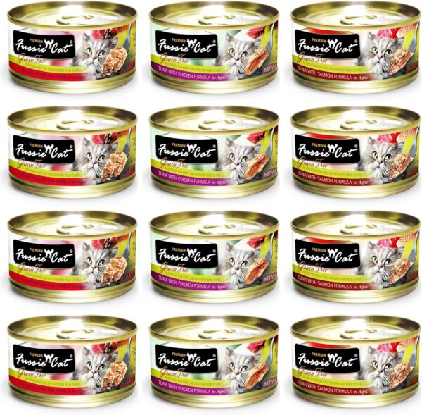 Fussie Cat Premium Grain Free Canned Cat Food 3 Flavor Variety Bundle: (4) Tuna with Chicken, (4) Tuna with Salmon and (4) Tuna with Ocean Fish, 2.82 Oz Each (12 Cans Total)